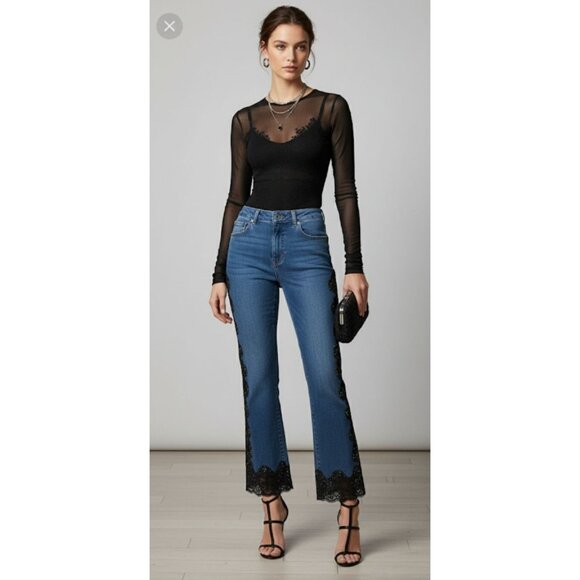 NWT Basix II Embroidered Sheer Side Mid Rise Denim Straight Jeans Blue Womens 4 - Picture 4 of 16